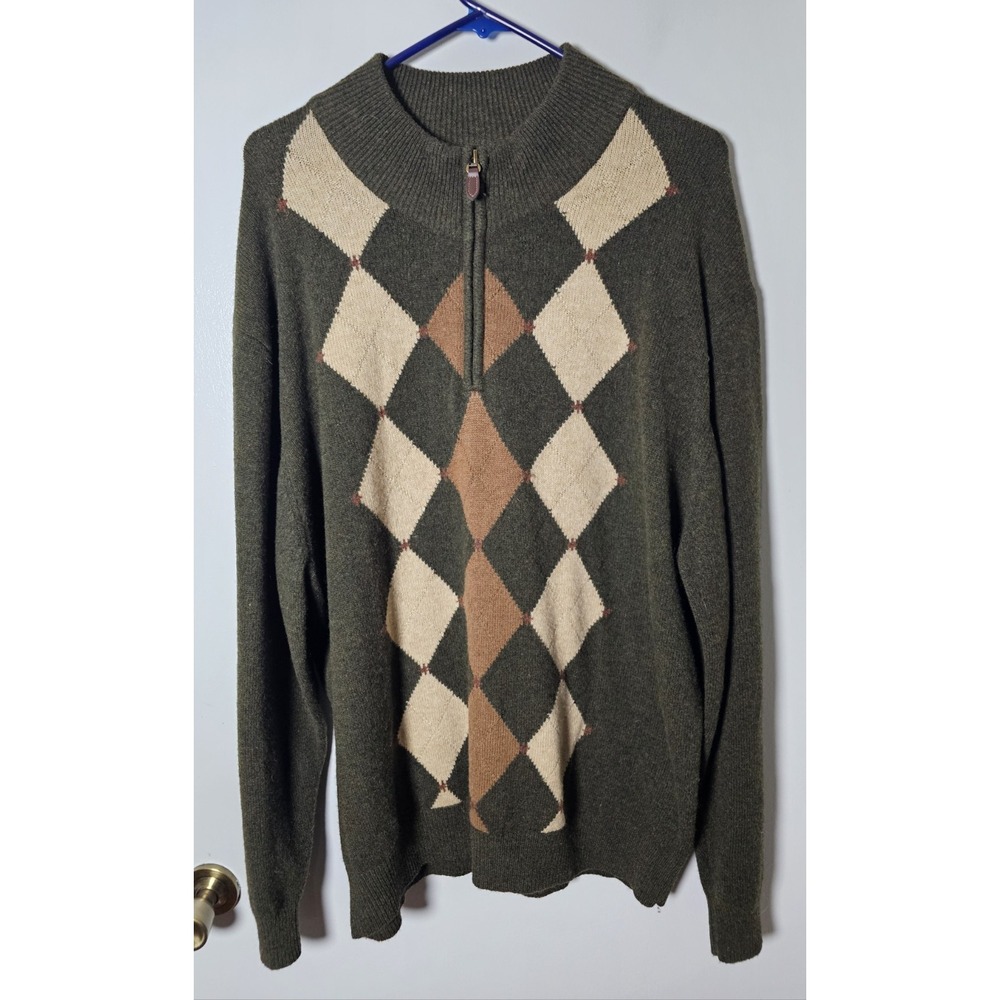 Jos A Bank Olive Green Lambs Wool Argyle  Quarter 1/4 Zip Sweater Men's Sz XL